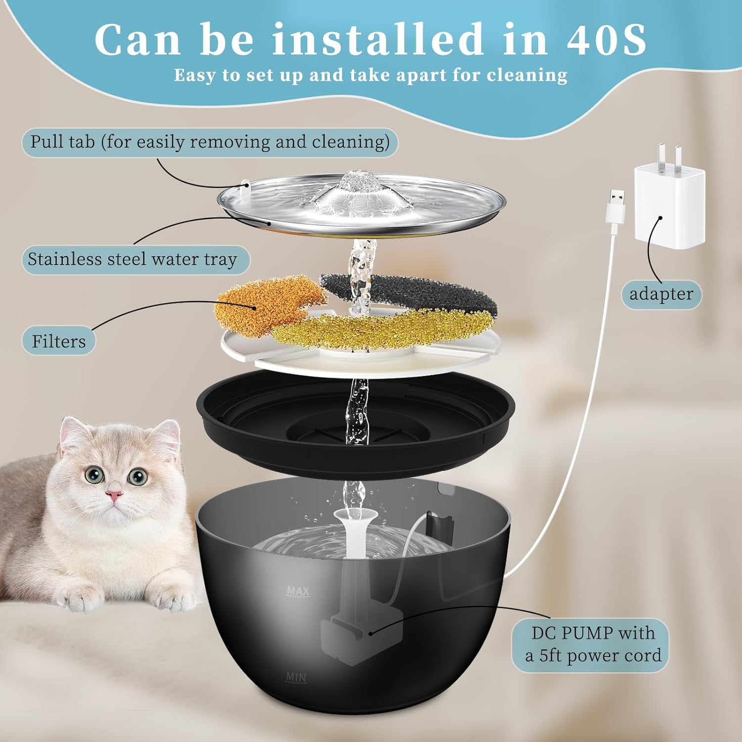 102oz/3L Cat Water Fountain Stainless Steel Tray Automatic Water Bowl Dispenser for Pets-4